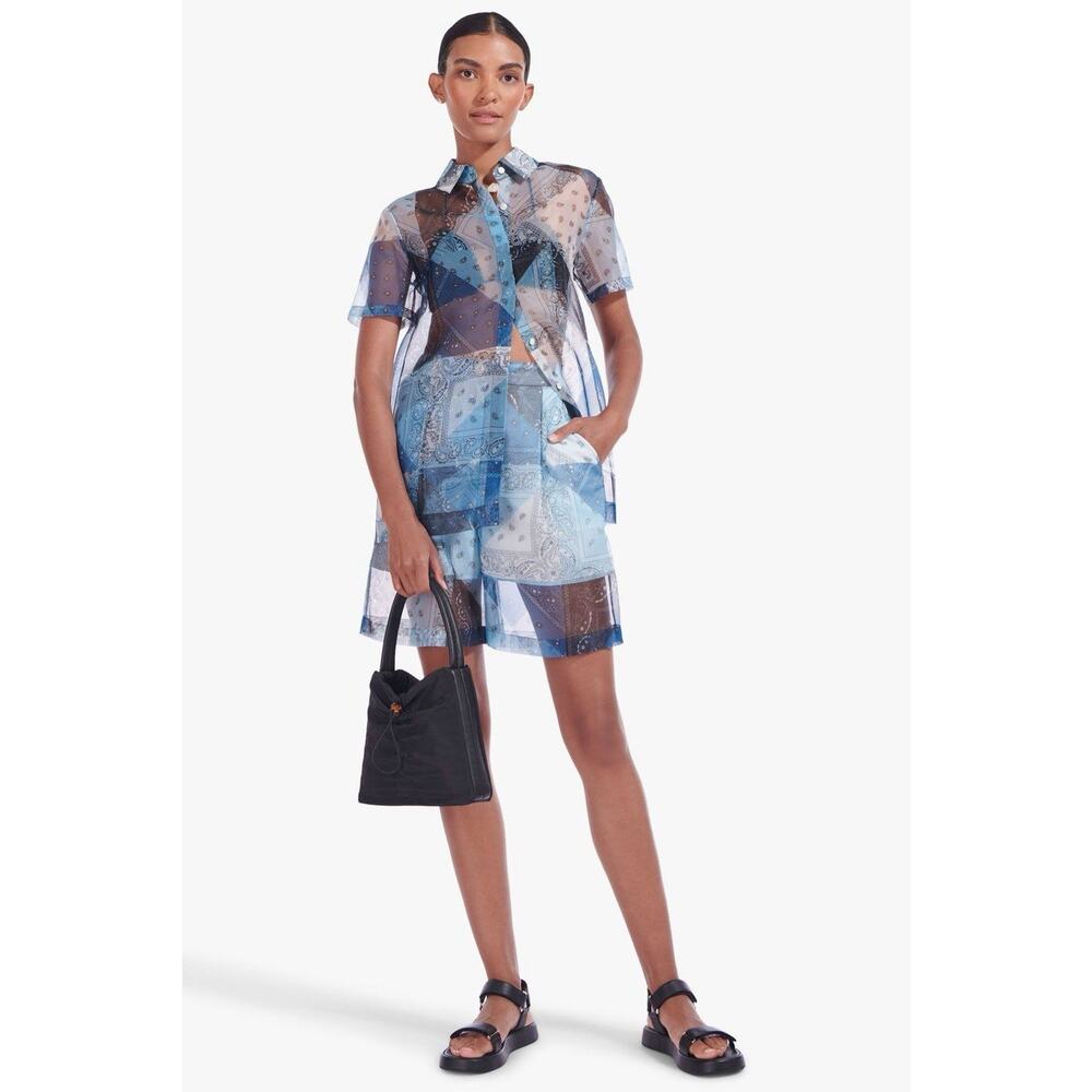 STAUD Sheer Blue Patchwork Dress